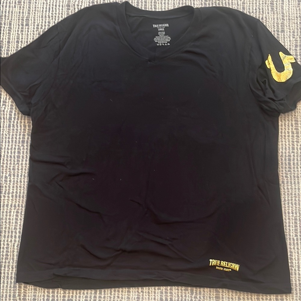 True Religion Womens Black  V Neck T-Shirt with Gold Accents